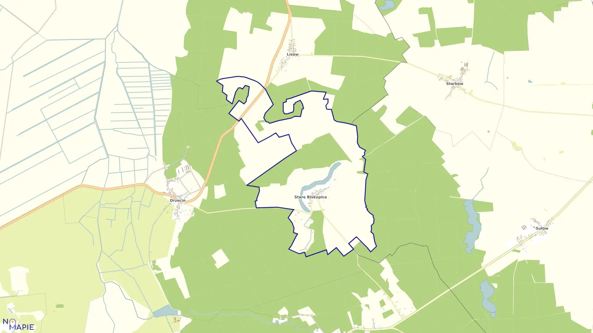 Mapa obrębu Stare Biskupice w gminie Słubice